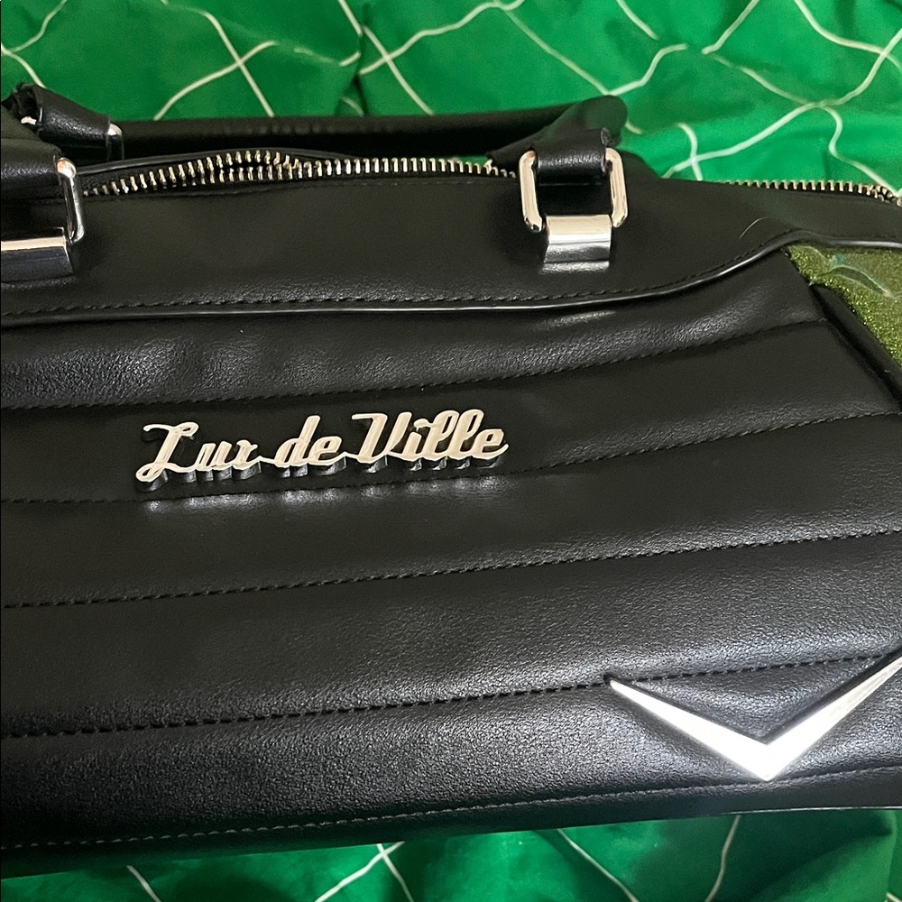 Lux de Ville Black Barrel Bag with Green Glitter Accents - Picture 5 of 9